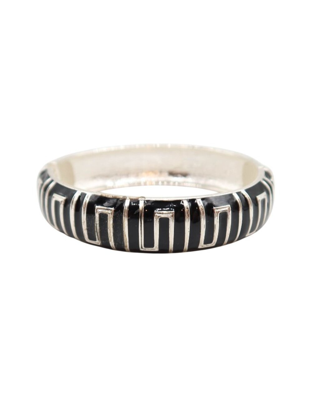 Black Enamel Silver Tone Greek Key Pattern Clamper Bracelet Art Deco Modern